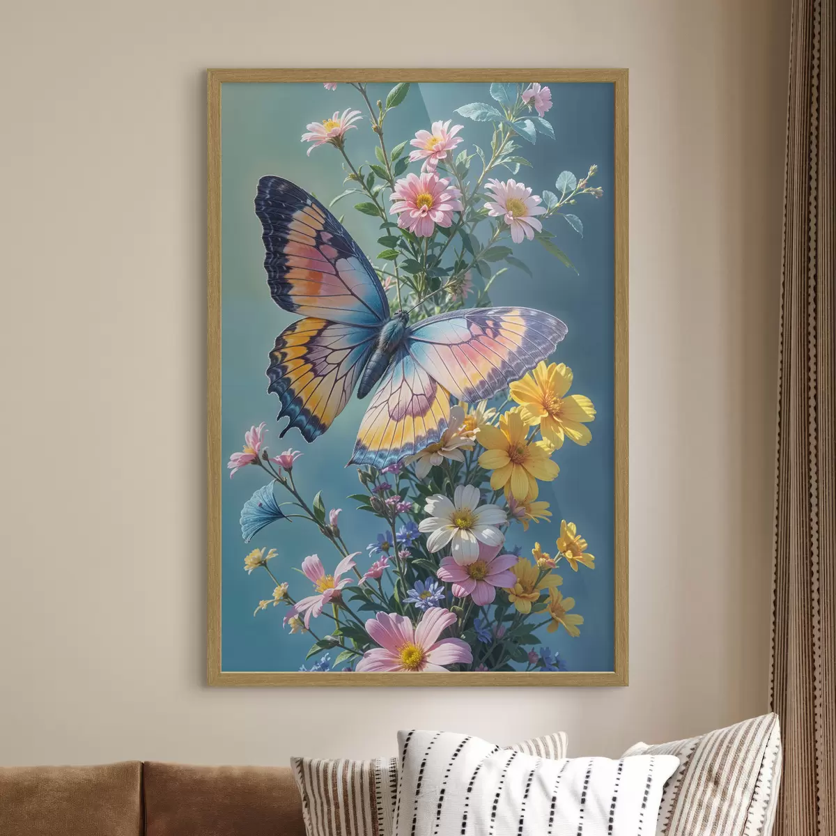 Poster Un grand papillon coloré perché sur un bouquet de fleurs roses et jaunes sur un fond vert foncé f40411