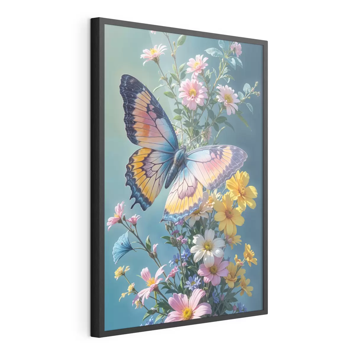 Poster Un grand papillon coloré perché sur un bouquet de fleurs roses et jaunes sur un fond vert foncé f40411