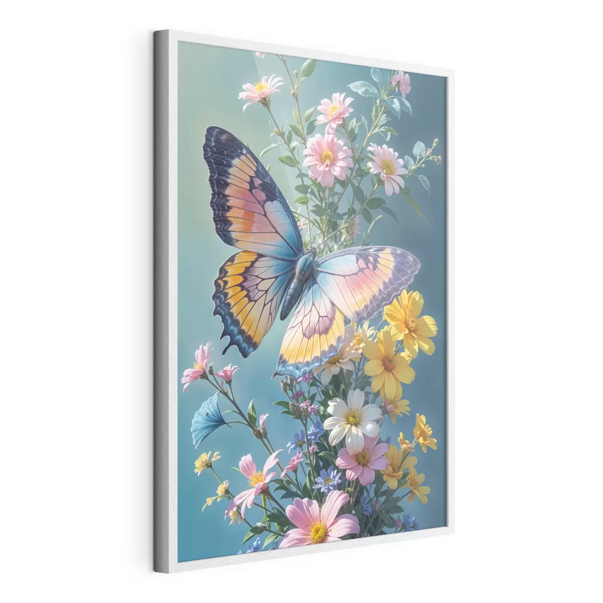 Poster Un grand papillon coloré perché sur un bouquet de fleurs roses et jaunes sur un fond vert foncé f40411