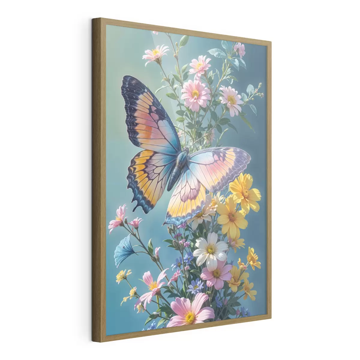 Poster Un grand papillon coloré perché sur un bouquet de fleurs roses et jaunes sur un fond vert foncé f40411