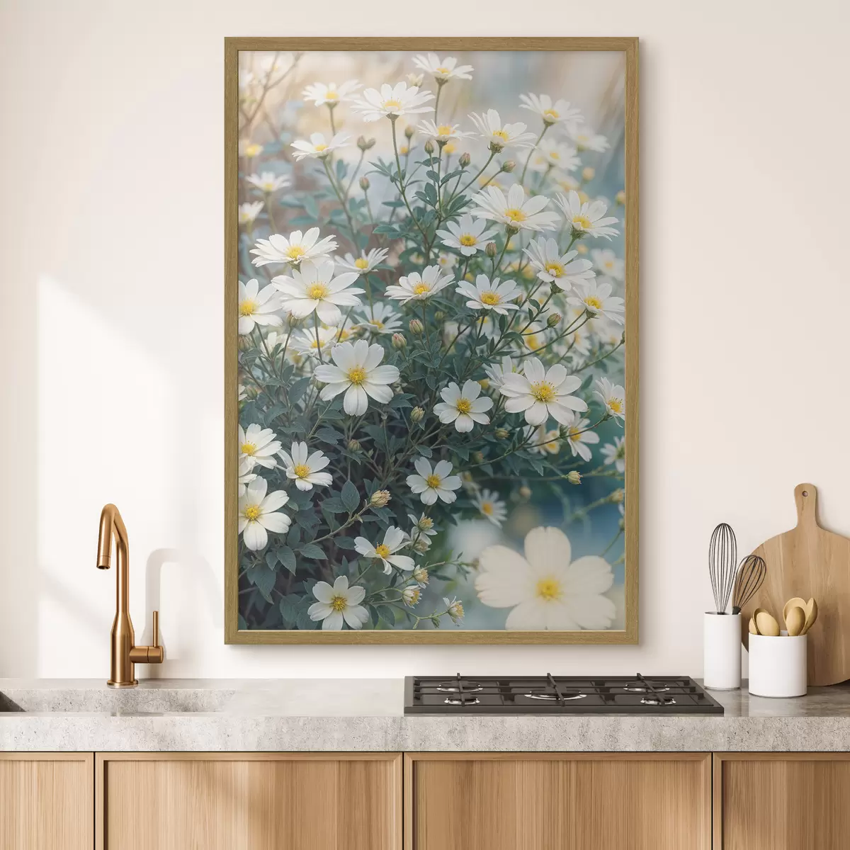 Poster Un champ de fleurs de marguerites blanches avec un feuillage vert, sur un fond flou f40413