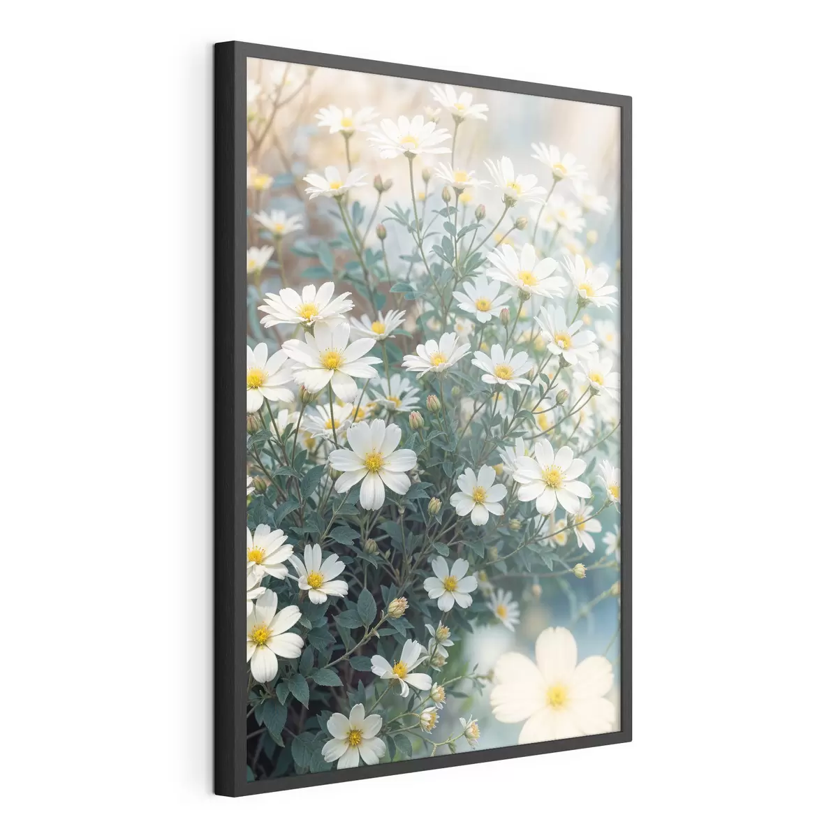 Poster Un champ de fleurs de marguerites blanches avec un feuillage vert, sur un fond flou f40413