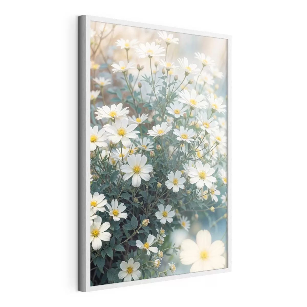 Poster Un champ de fleurs de marguerites blanches avec un feuillage vert, sur un fond flou f40413