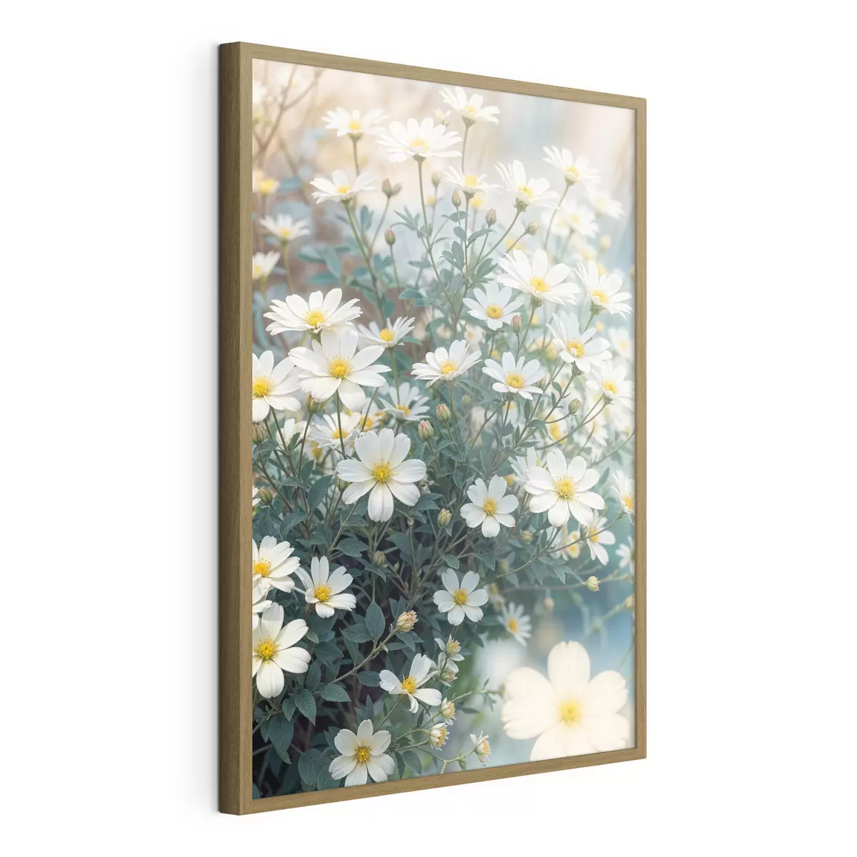 Poster Un champ de fleurs de marguerites blanches avec un feuillage vert, sur un fond flou f40413
