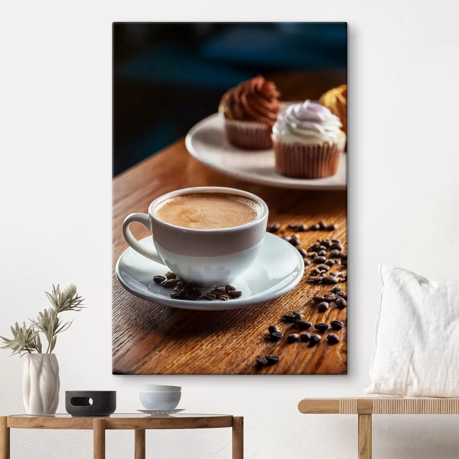 Papier peint tasse de café, grains de café, gâteaux, nature morte s40417