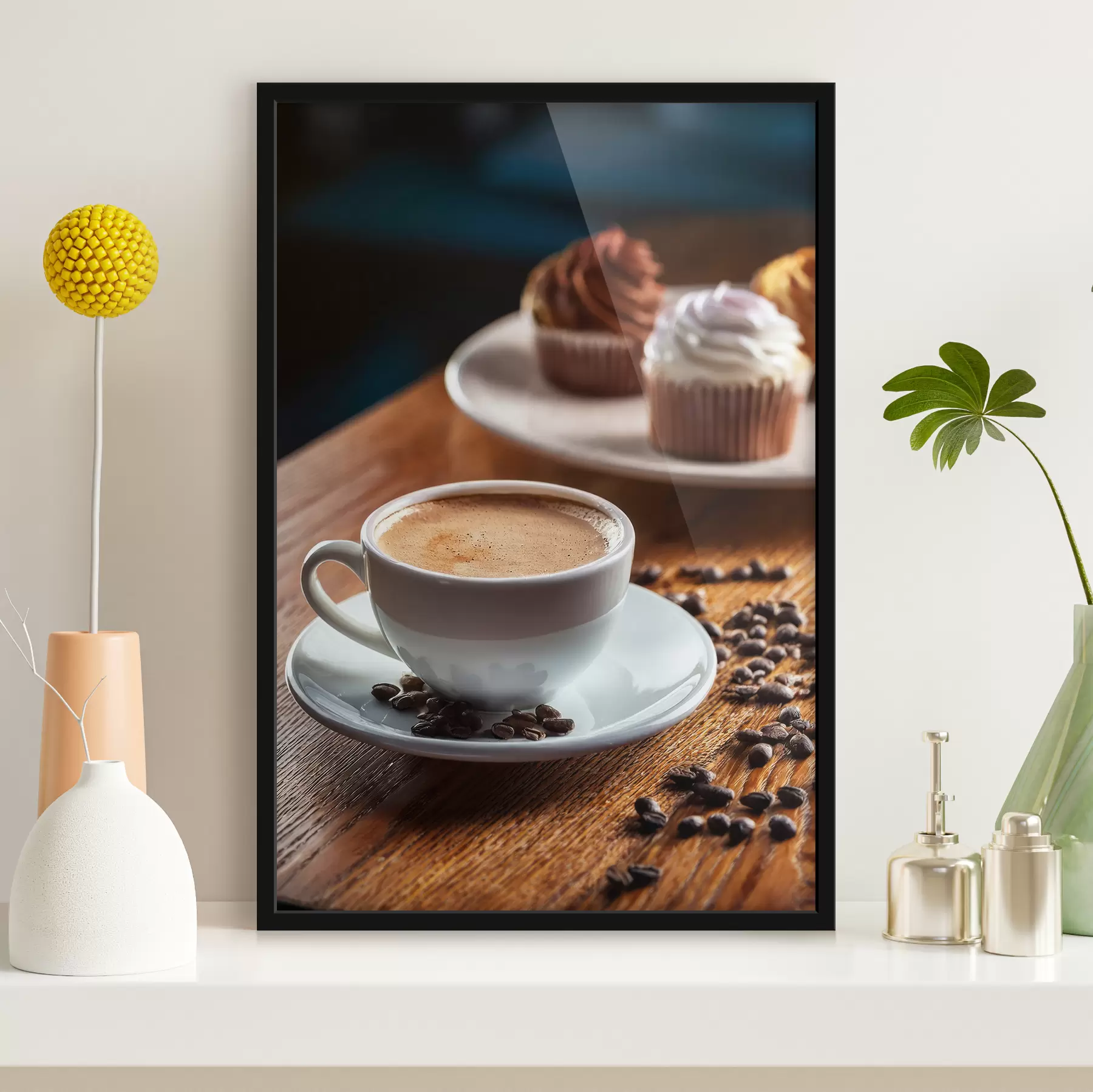 Papier peint tasse de café, grains de café, gâteaux, nature morte f40417