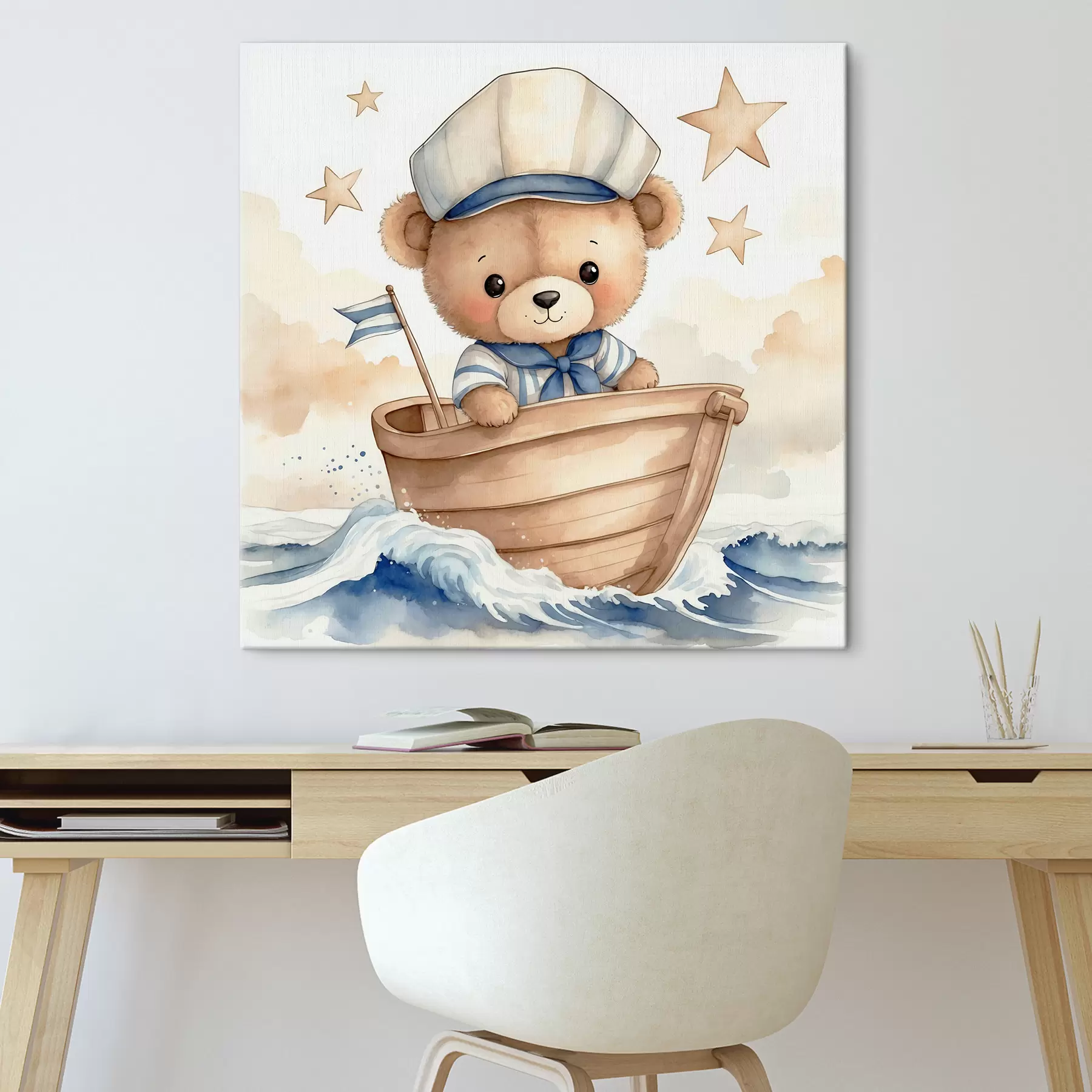 Tableau Ours aquarelle mignon dans un bateau s40428