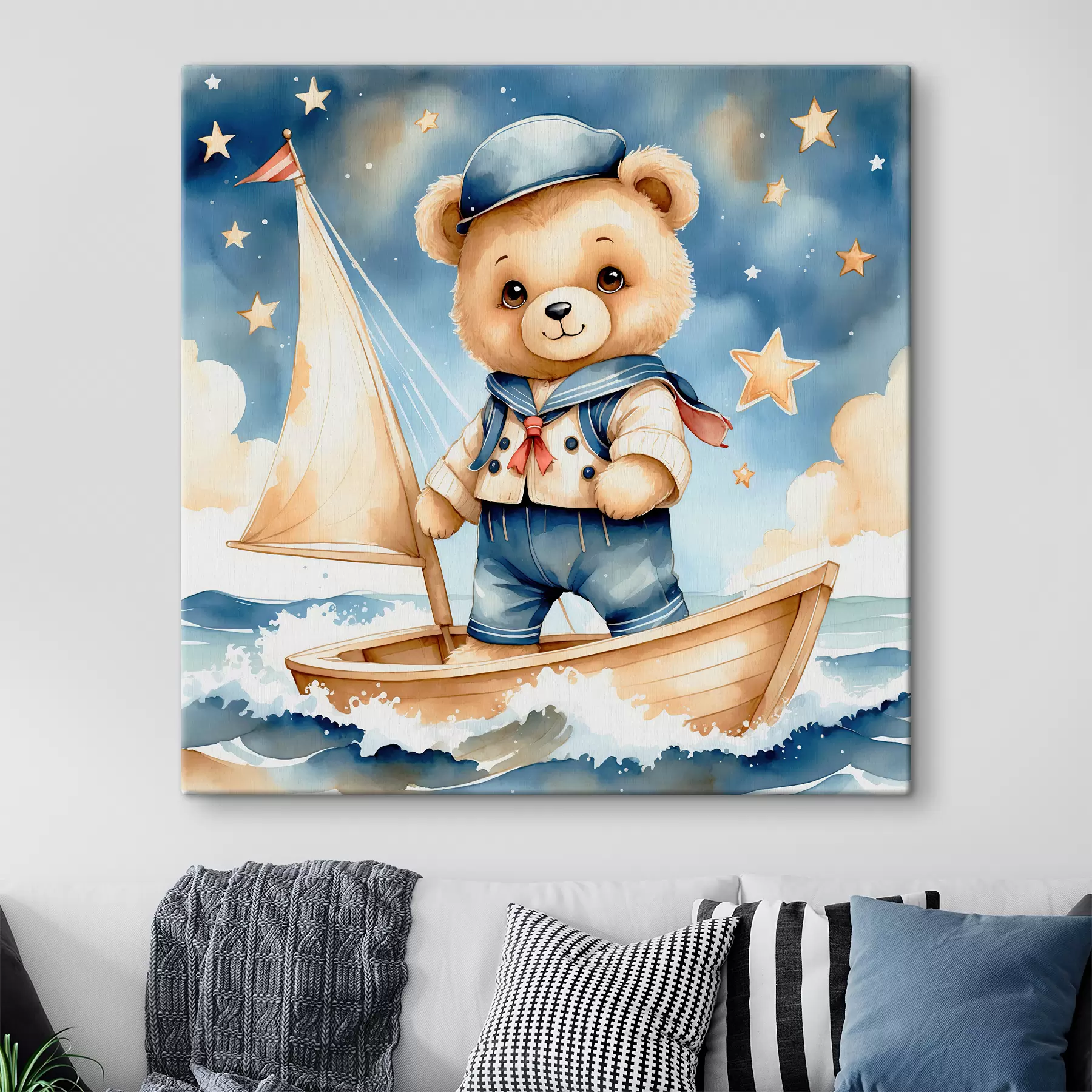 Tableau Ours aquarelle mignon dans un bateau avec des étoiles dans le ciel s40429