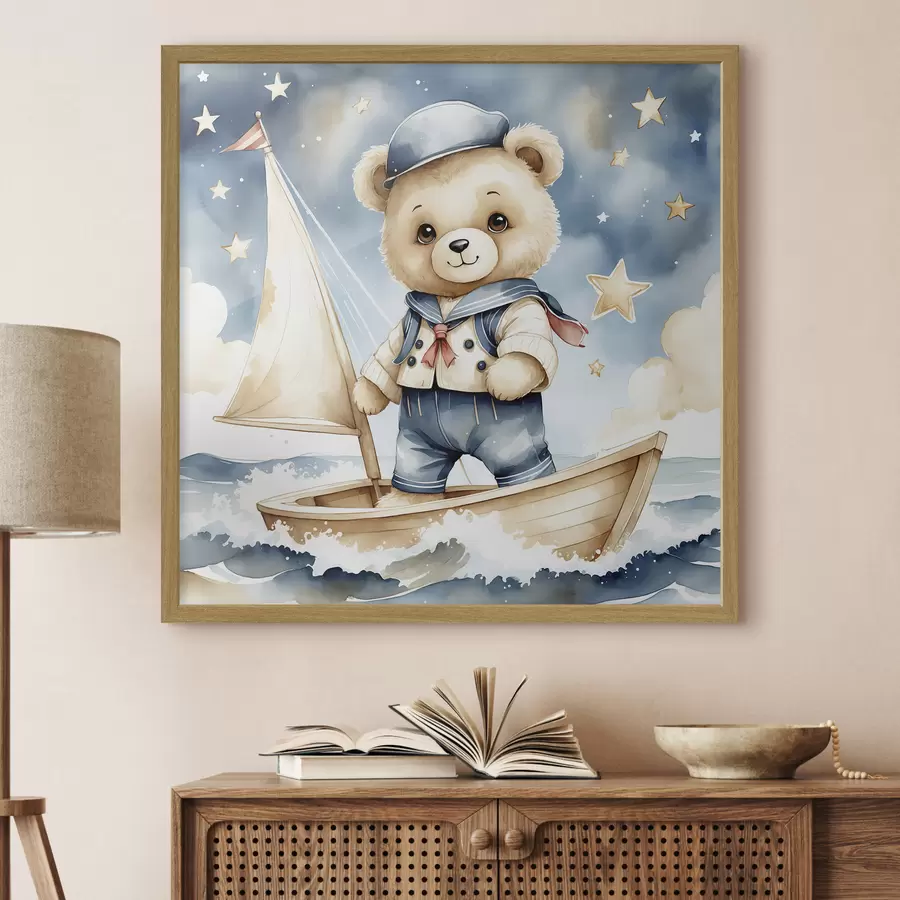 Papier peint Un adorable ours en peluche dans un bateau avec des étoiles dans le ciel f40429