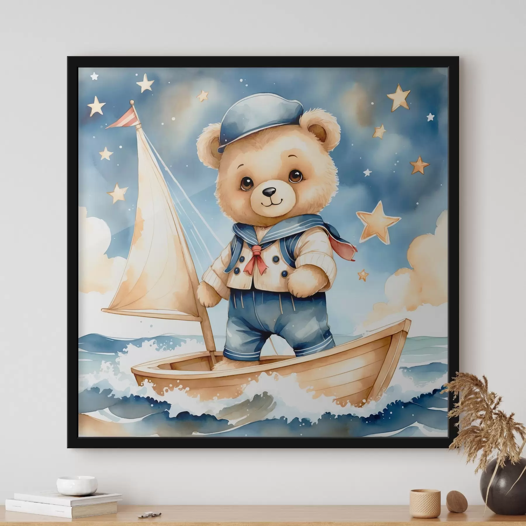 Papier peint Un adorable ours en peluche dans un bateau avec des étoiles dans le ciel f40429