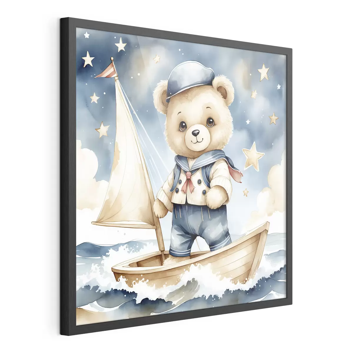 Poster Un adorable ours en peluche dans un bateau avec des étoiles dans le ciel f40429