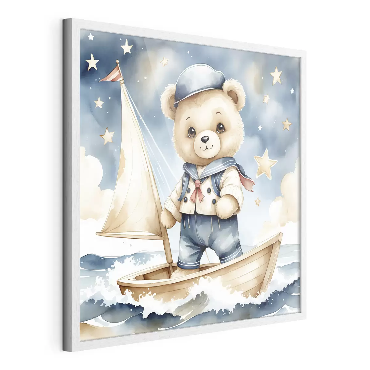 Poster Un adorable ours en peluche dans un bateau avec des étoiles dans le ciel f40429