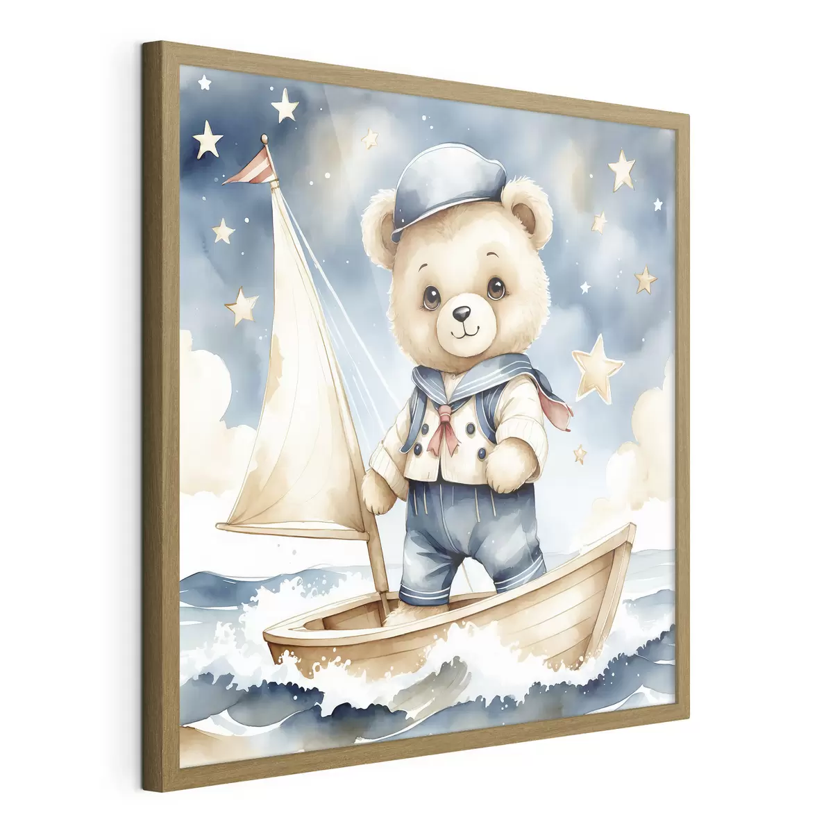 Poster Un adorable ours en peluche dans un bateau avec des étoiles dans le ciel f40429