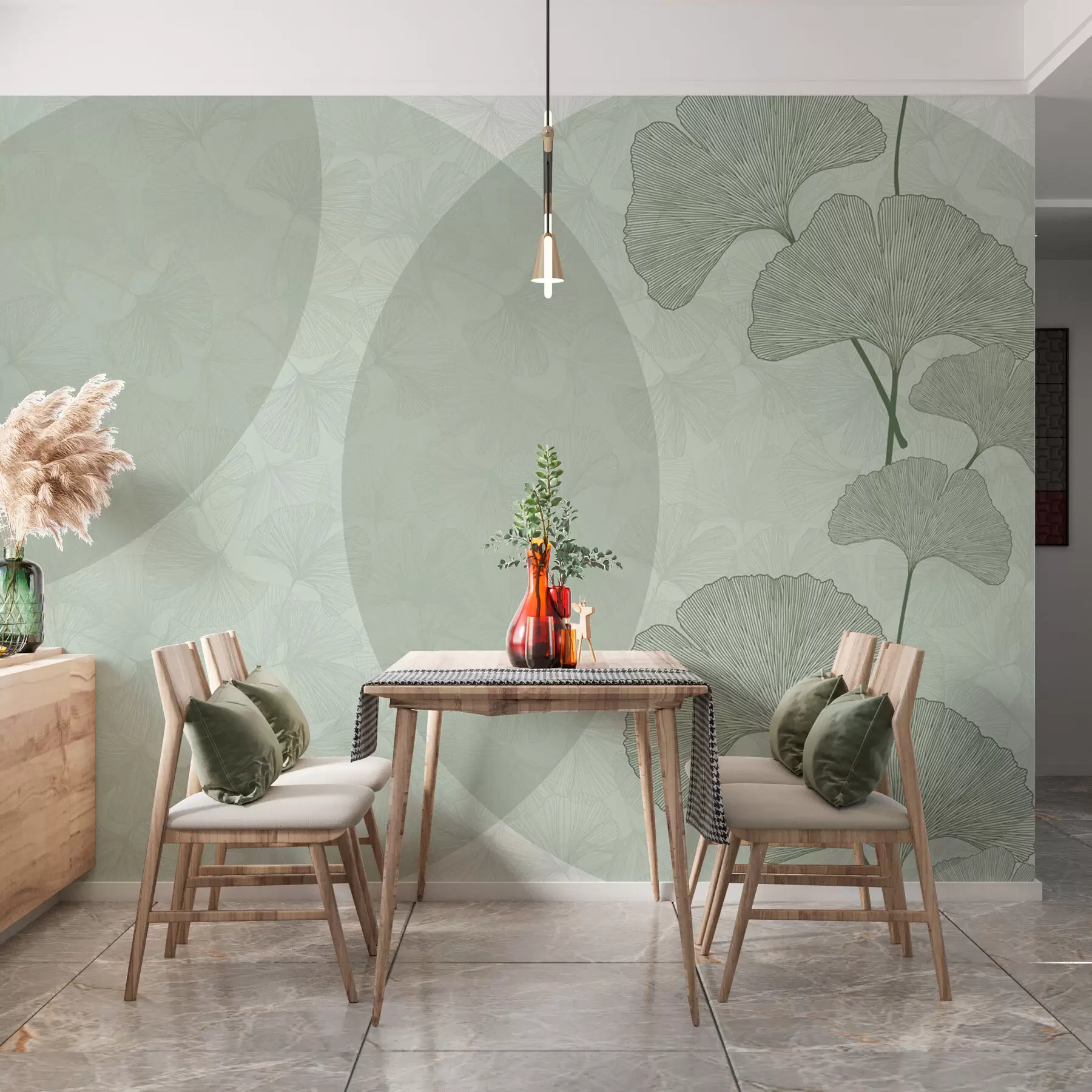 Papier peint Grandes feuilles de ginkgo et géométrie de couleur verte w01465v2