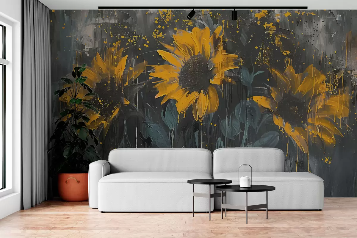Papier peint Peinture abstraite de tournesols, fond gris foncé et tons jaunes w01480