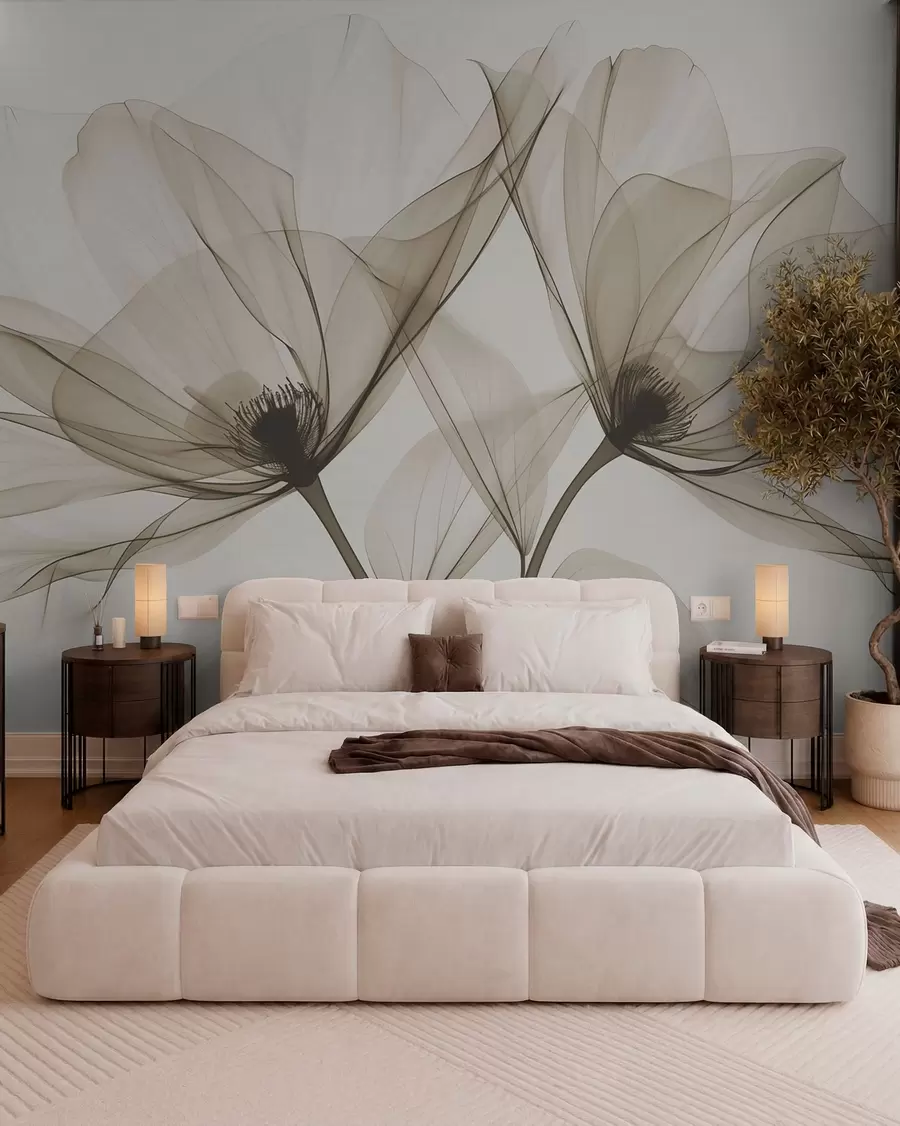 Papier peint Fleur bleue transparente de style rayons X sur fond blanc Design botanique monochrome minimaliste w01482v1