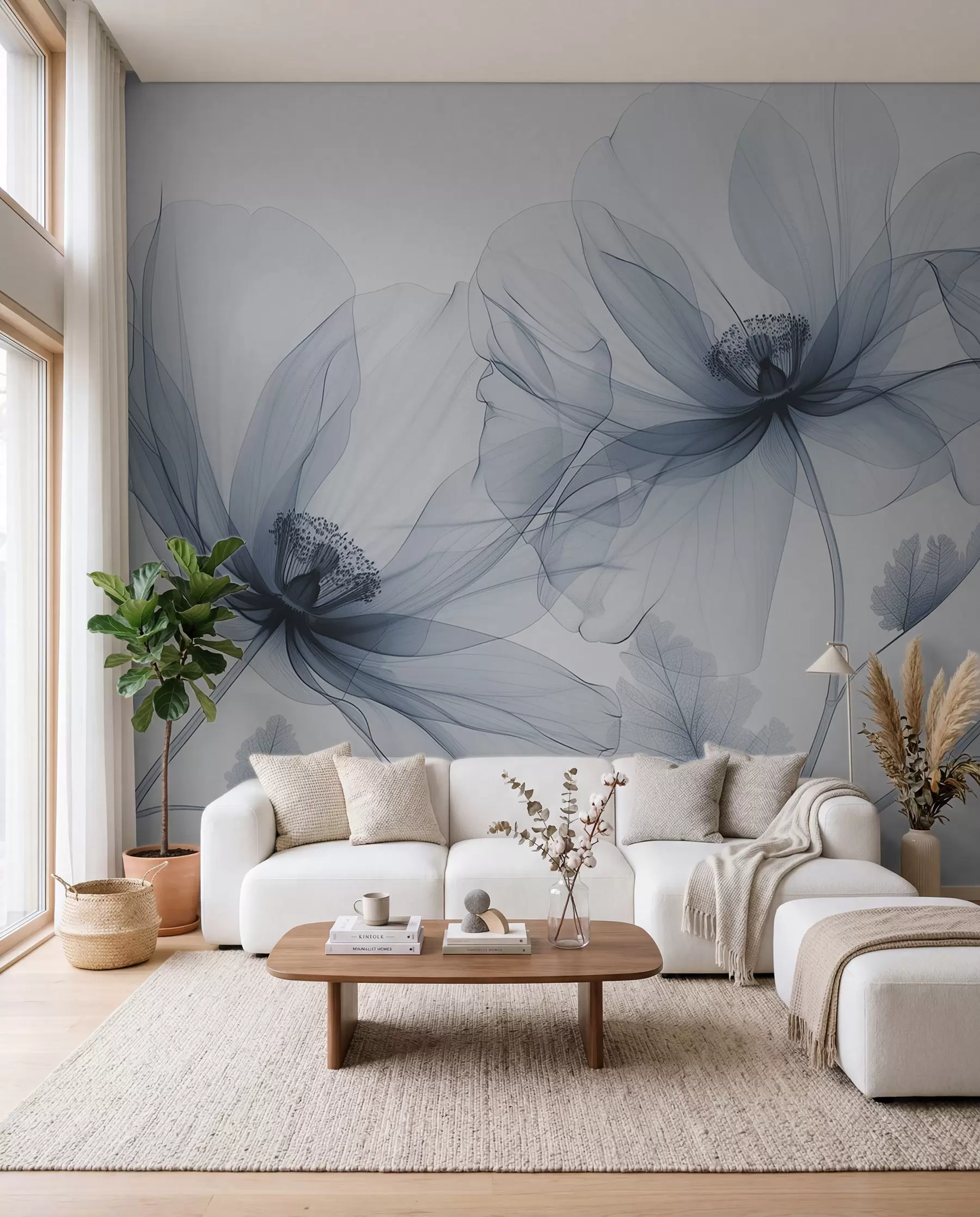 Papier peint Fleur bleue transparente de style rayons X sur fond blanc Design botanique monochrome minimaliste w01482v1