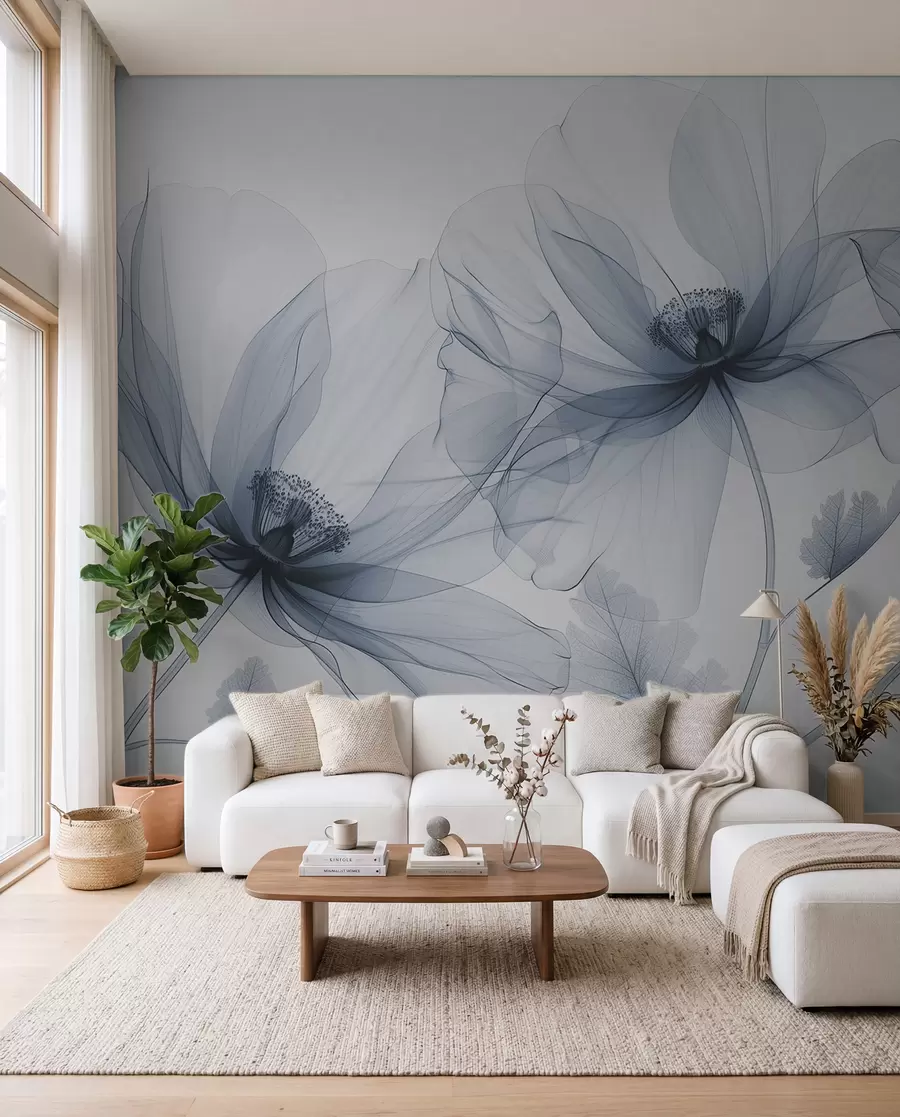 Papier peint Fleur bleue transparente de style rayons X sur fond blanc Design botanique monochrome minimaliste w01482v1