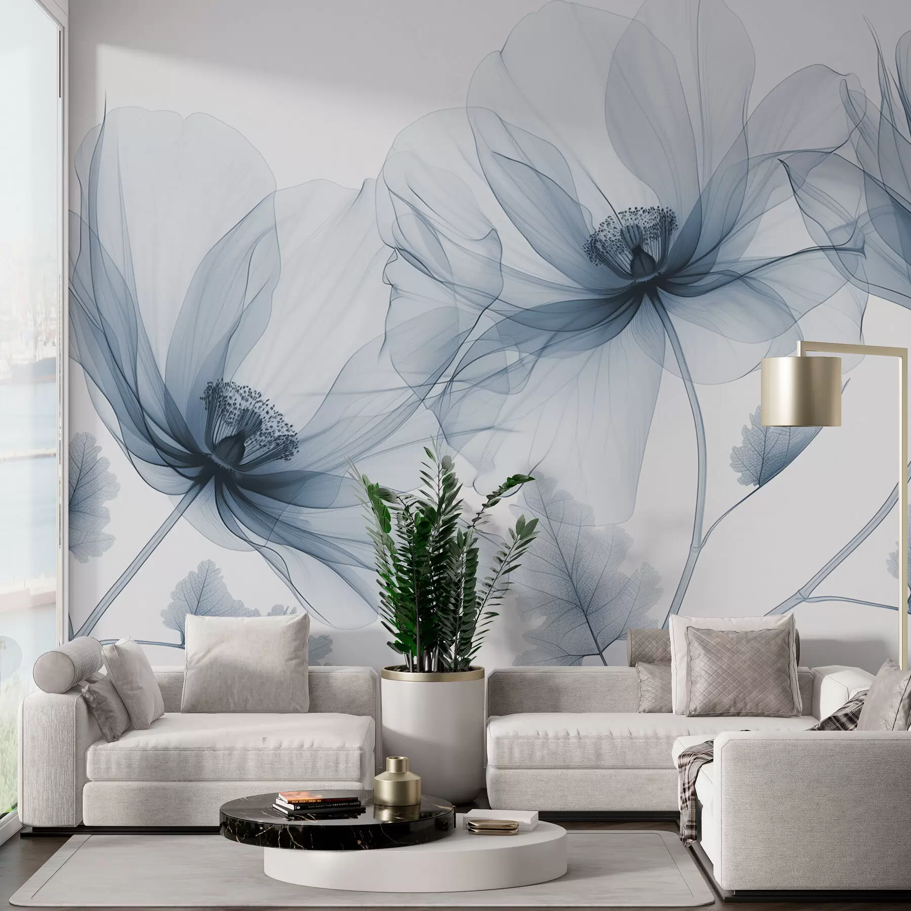 Papier peint Fleur bleue transparente de style rayons X sur fond blanc Design botanique monochrome minimaliste w01482v1