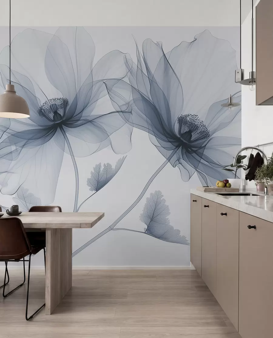 Papier peint Fleur bleue transparente de style rayons X sur fond blanc Design botanique monochrome minimaliste w01482v1
