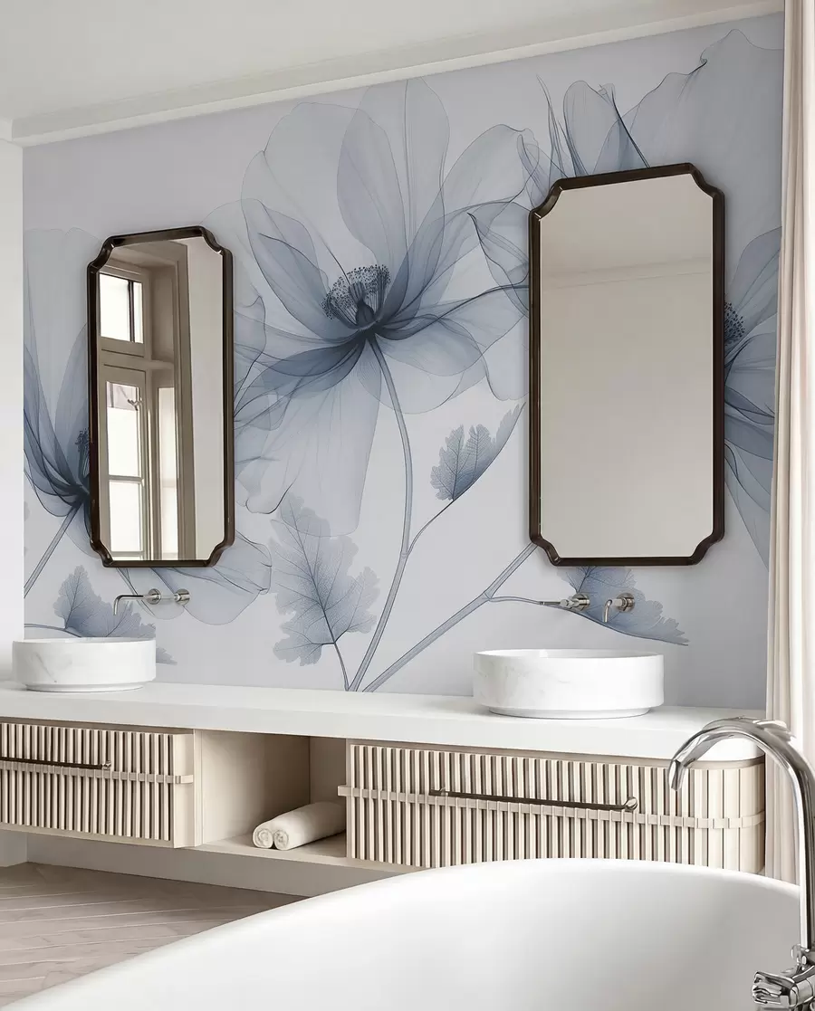 Papier peint Fleur bleue transparente de style rayons X sur fond blanc Design botanique monochrome minimaliste w01482v1