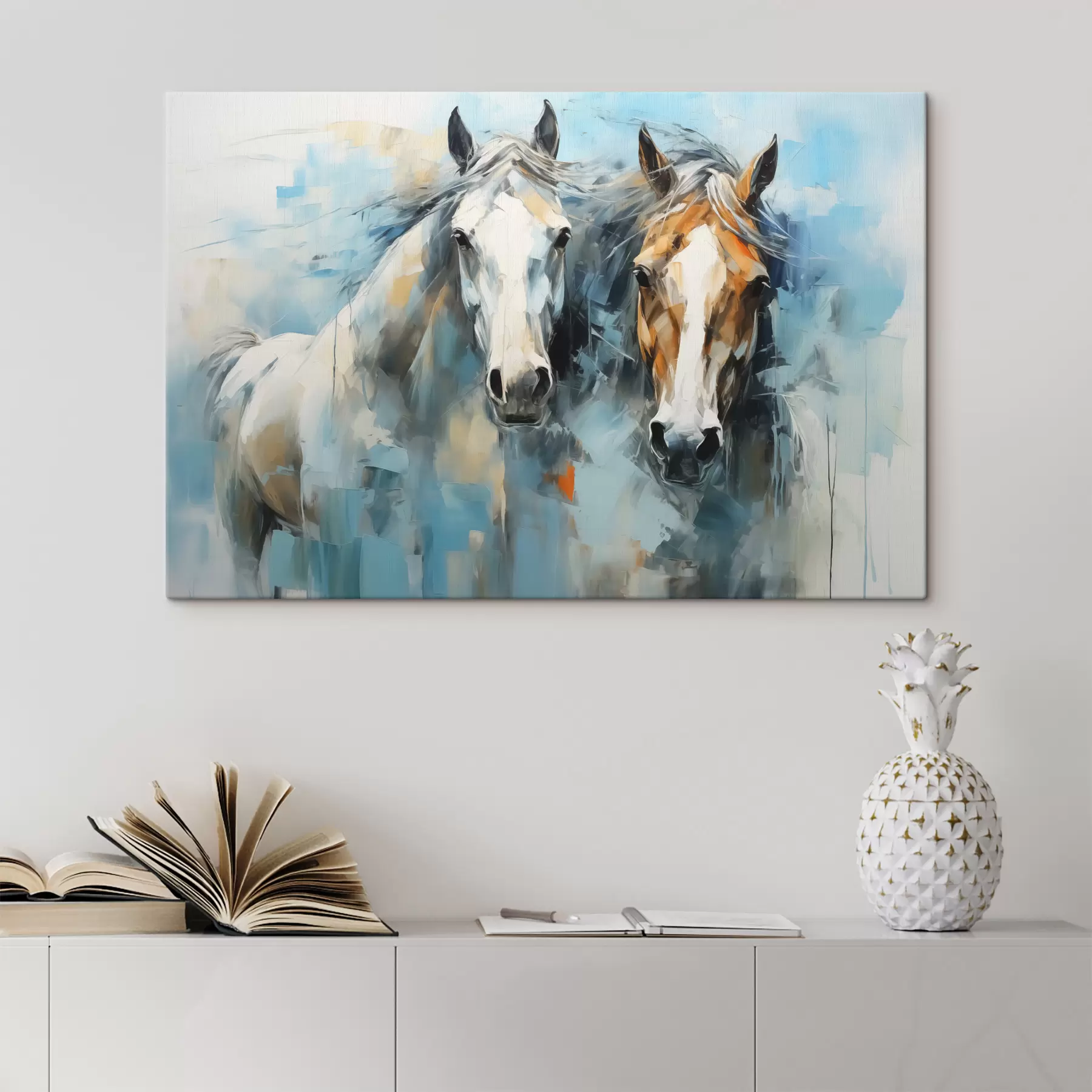 Tableau Peinture abstraite de chevaux, couleur blanche, bleue et marron s40493