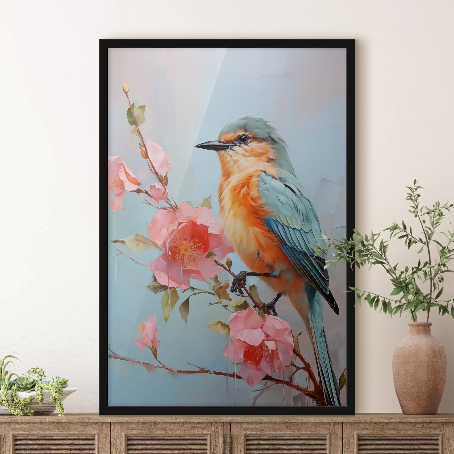 Tableau Oiseau assis sur une branche avec des fleurs en fleurs, de couleur bleue, rose, rouge, orange, jaune f40489