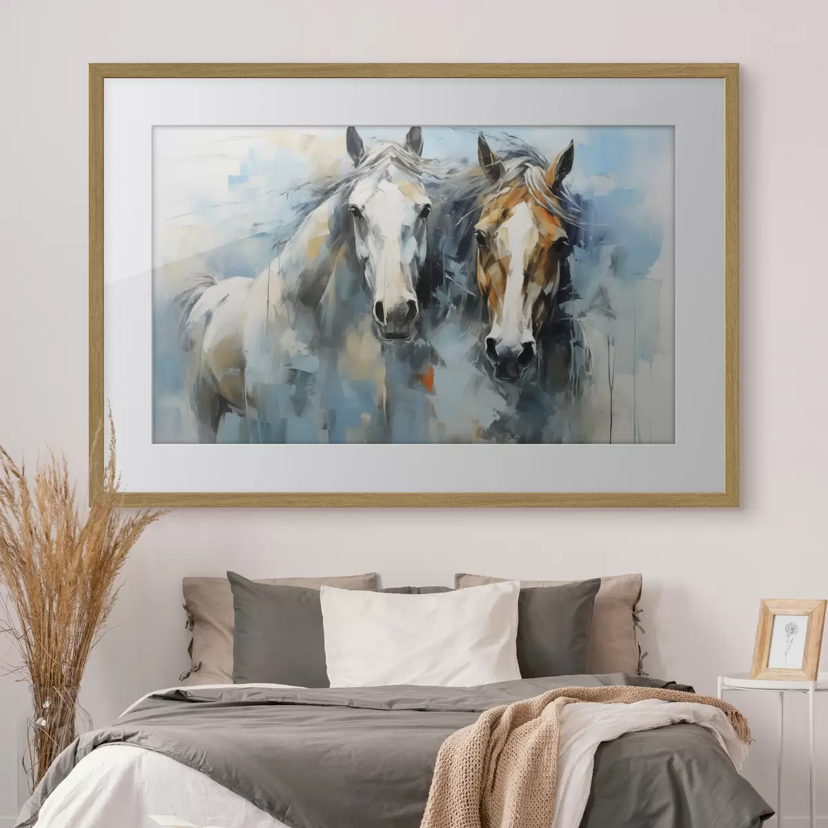 Poster Peinture abstraite de chevaux, couleur blanche, bleue et marron f40493