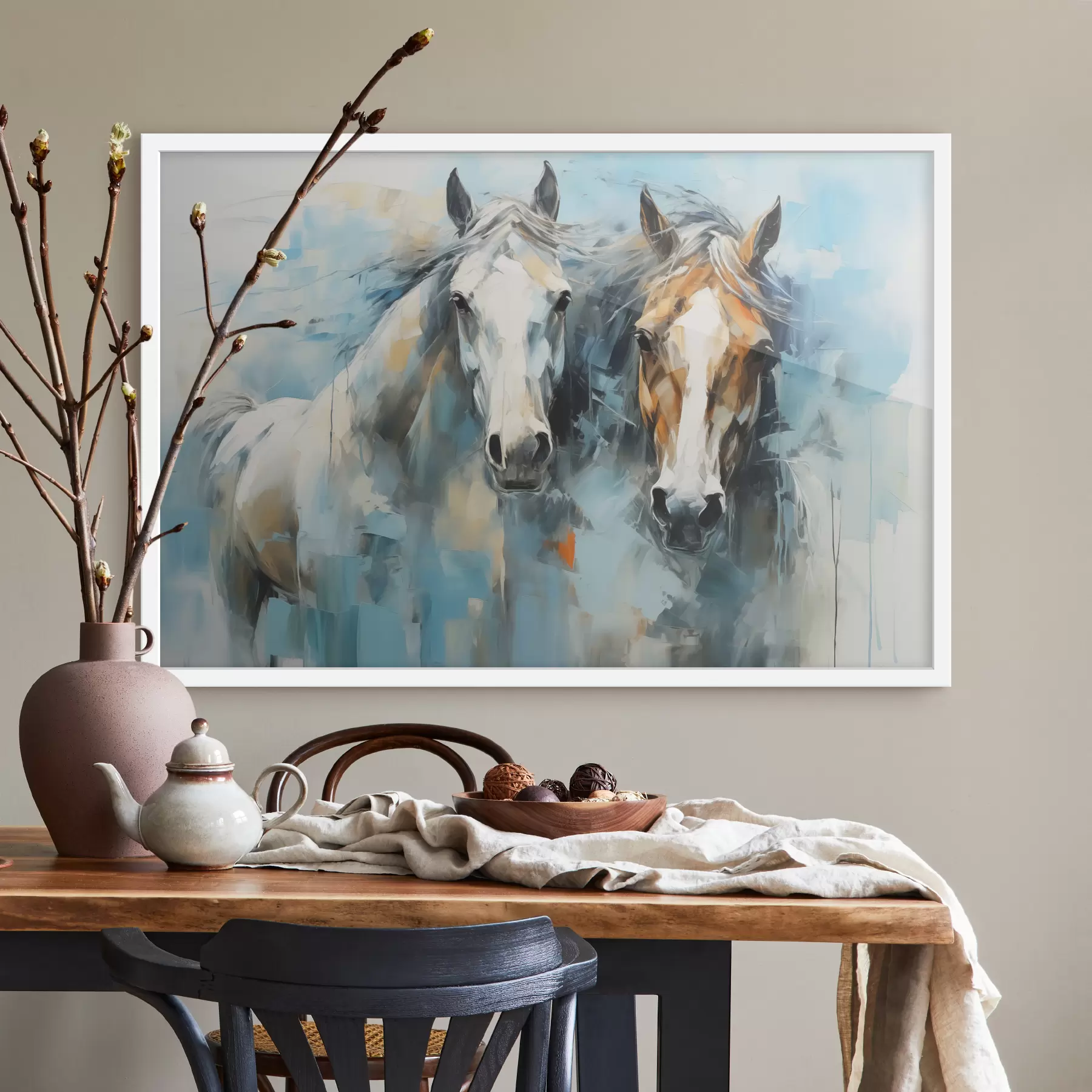 Papier peint Peinture abstraite de chevaux, couleur blanche, bleue et marron f40493
