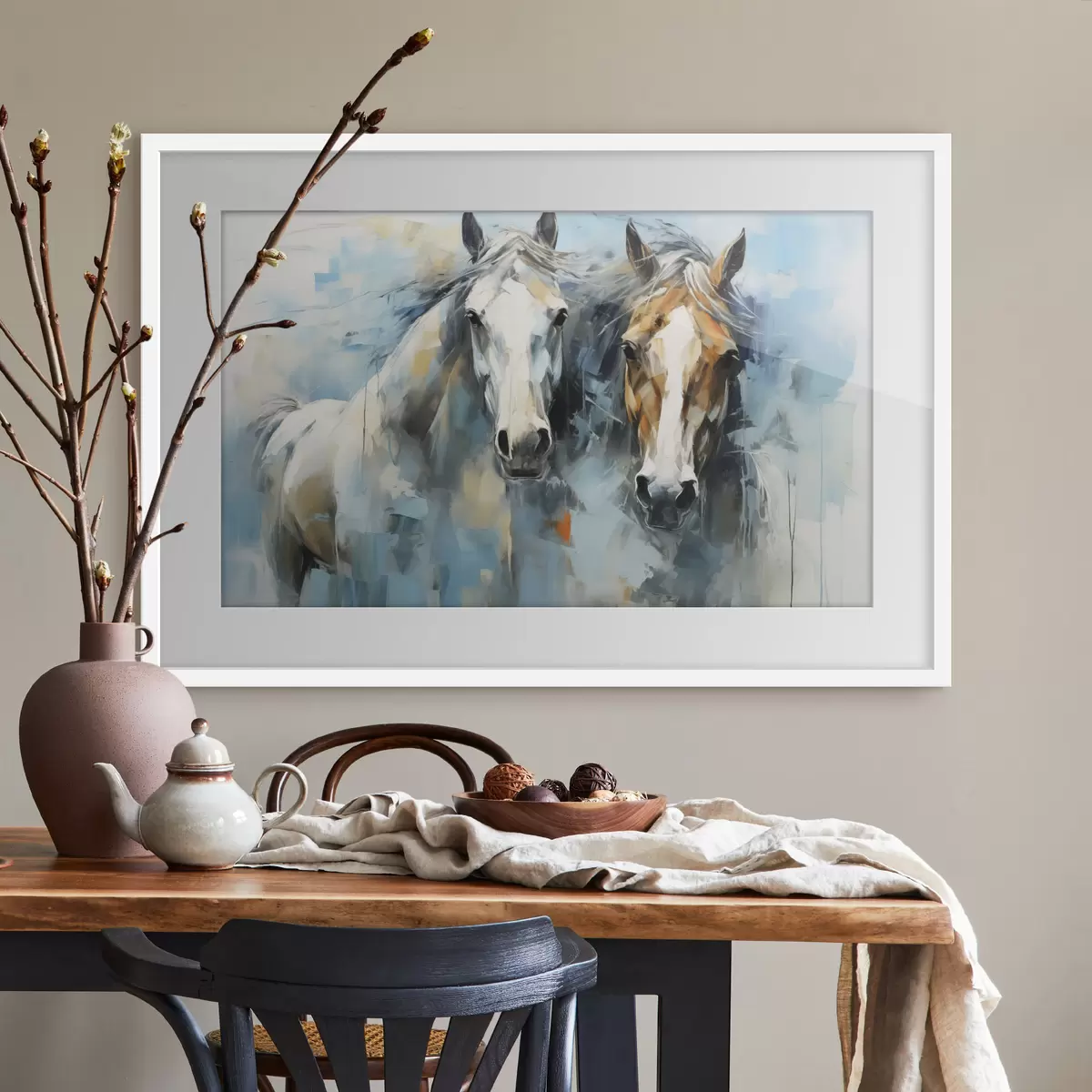 Poster Peinture abstraite de chevaux, couleur blanche, bleue et marron f40493
