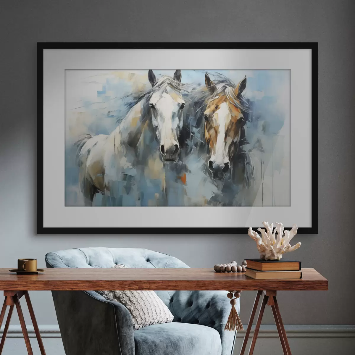 Poster Peinture abstraite de chevaux, couleur blanche, bleue et marron f40493