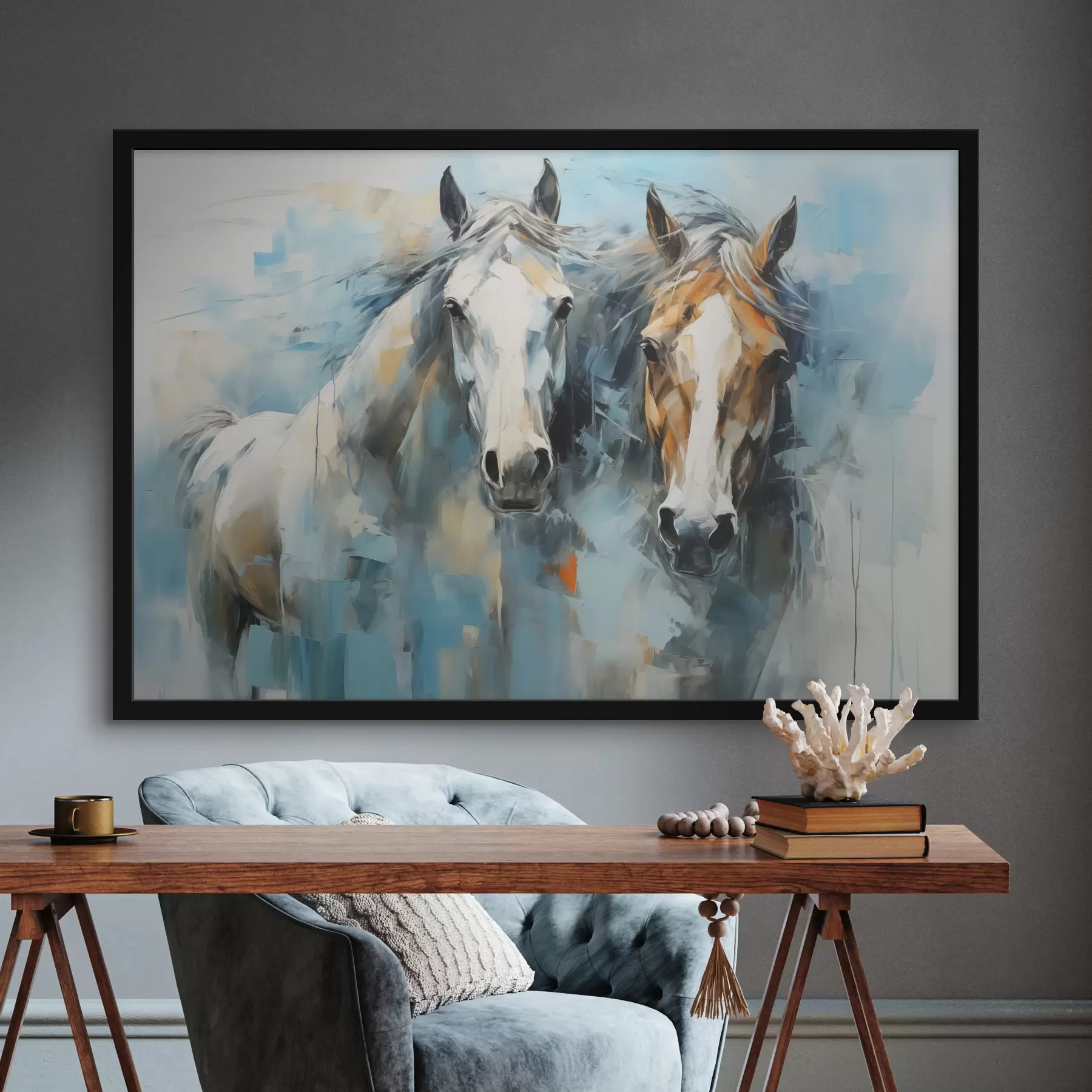 Tableau Peinture abstraite de chevaux, couleur blanche, bleue et marron f40493