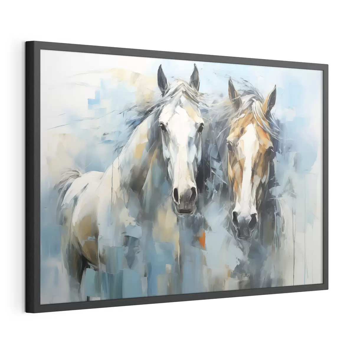 Poster Peinture abstraite de chevaux, couleur blanche, bleue et marron f40493