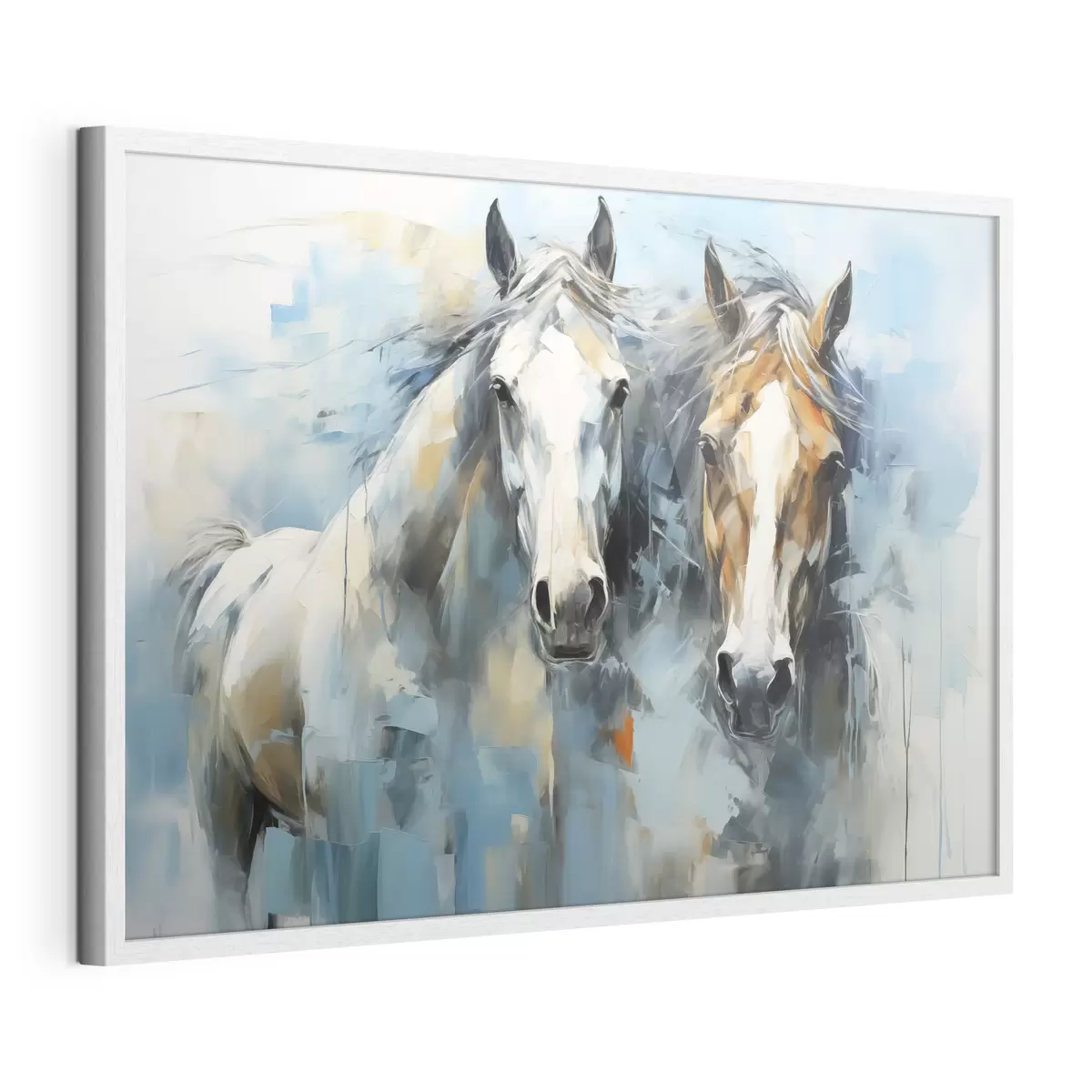 Poster Peinture abstraite de chevaux, couleur blanche, bleue et marron f40493