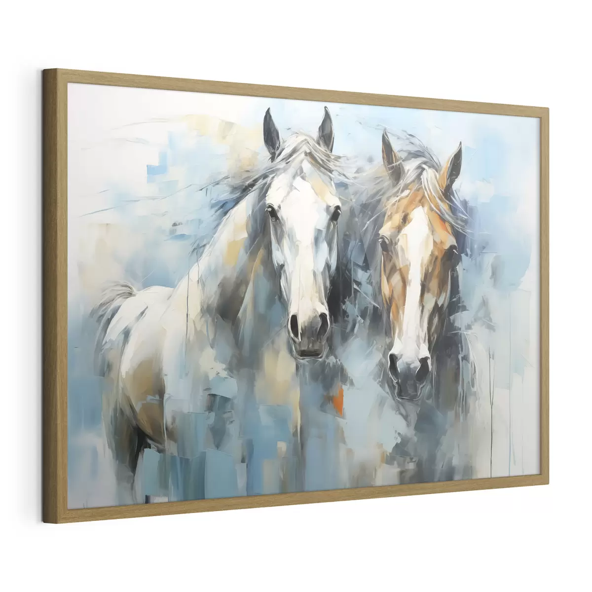 Poster Peinture abstraite de chevaux, couleur blanche, bleue et marron f40493