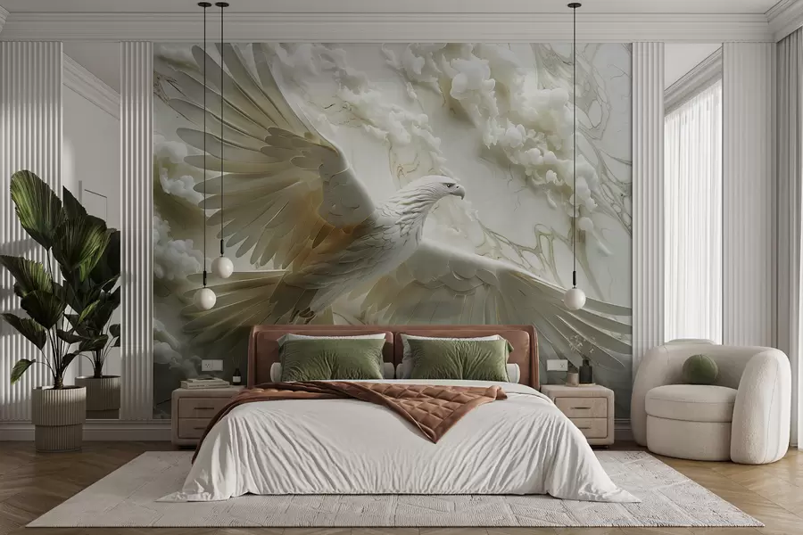 Papier peint Aigle blanc 3D sur fond de nuages et de marbre w01477
