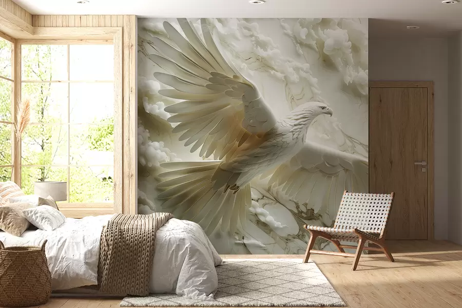 Papier peint Aigle blanc 3D sur fond de nuages et de marbre w01477