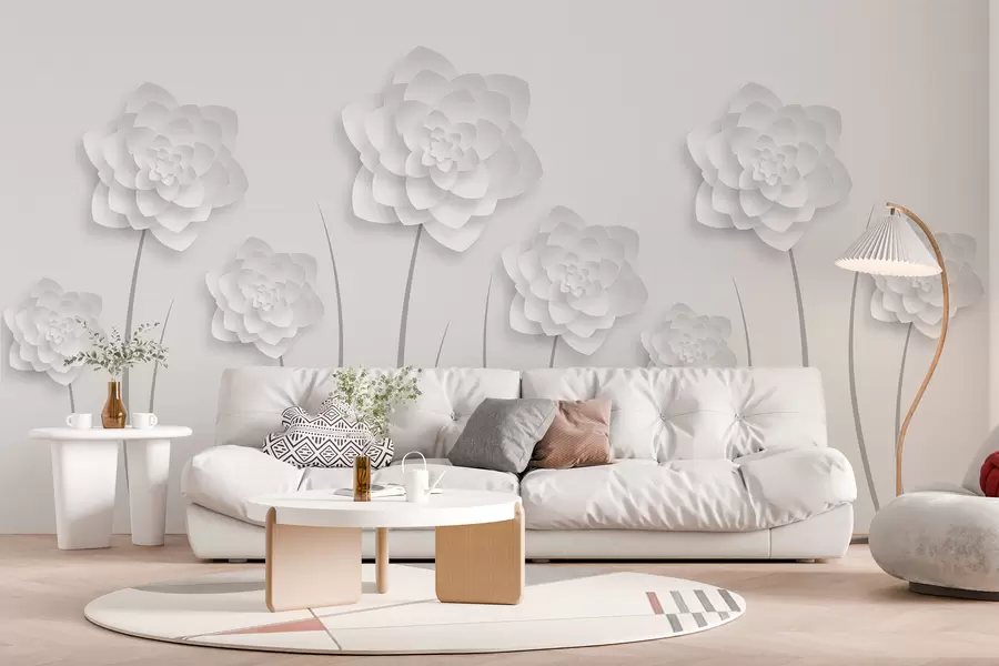 Papier peint Grandes fleurs avec imitation de volume en style papier sur fond gris clair avec une tige grise w01021
