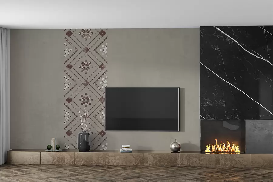 Papier peint Papier peint texturé patriotique avec ornement minimaliste de style ukrainien dans des tons marron w01027v1