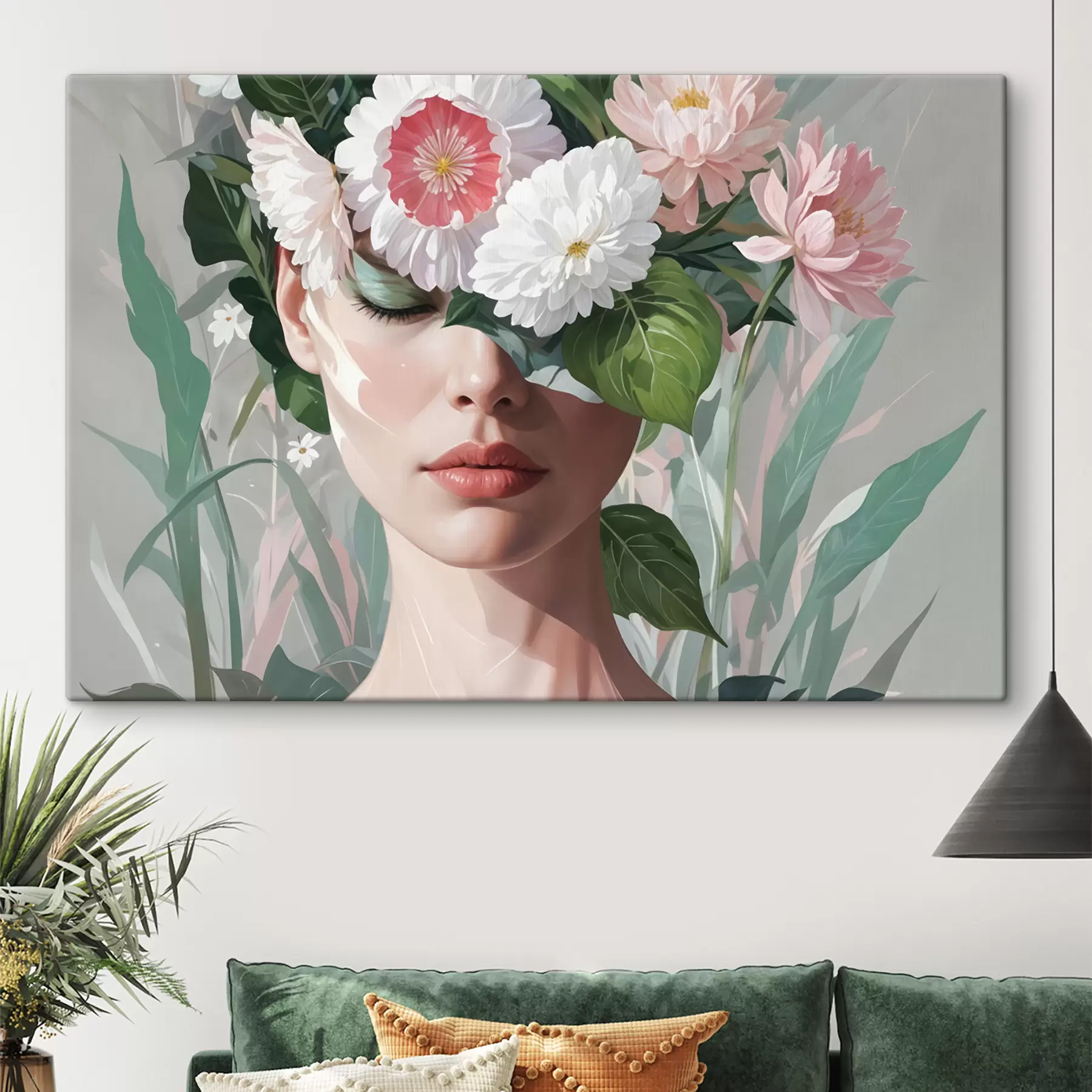 Tableau Une femme partiellement masquée par un bouquet de grandes fleurs roses et blanches sur un fond verdoyant et feuillu s40567