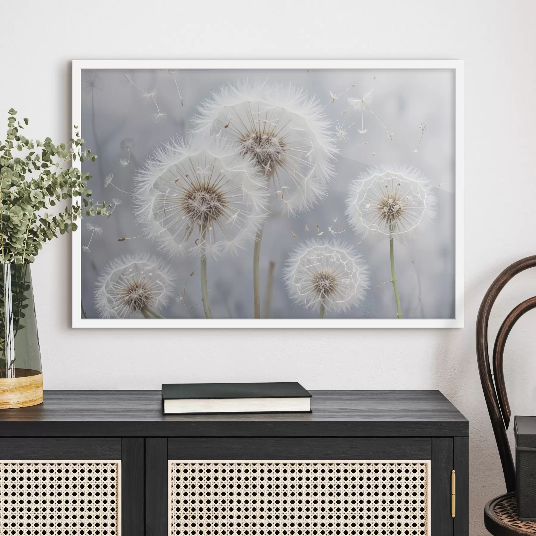 Papier peint Fleurs de pissenlit blanches avec des graines duveteuses sur un fond gris flou f40556