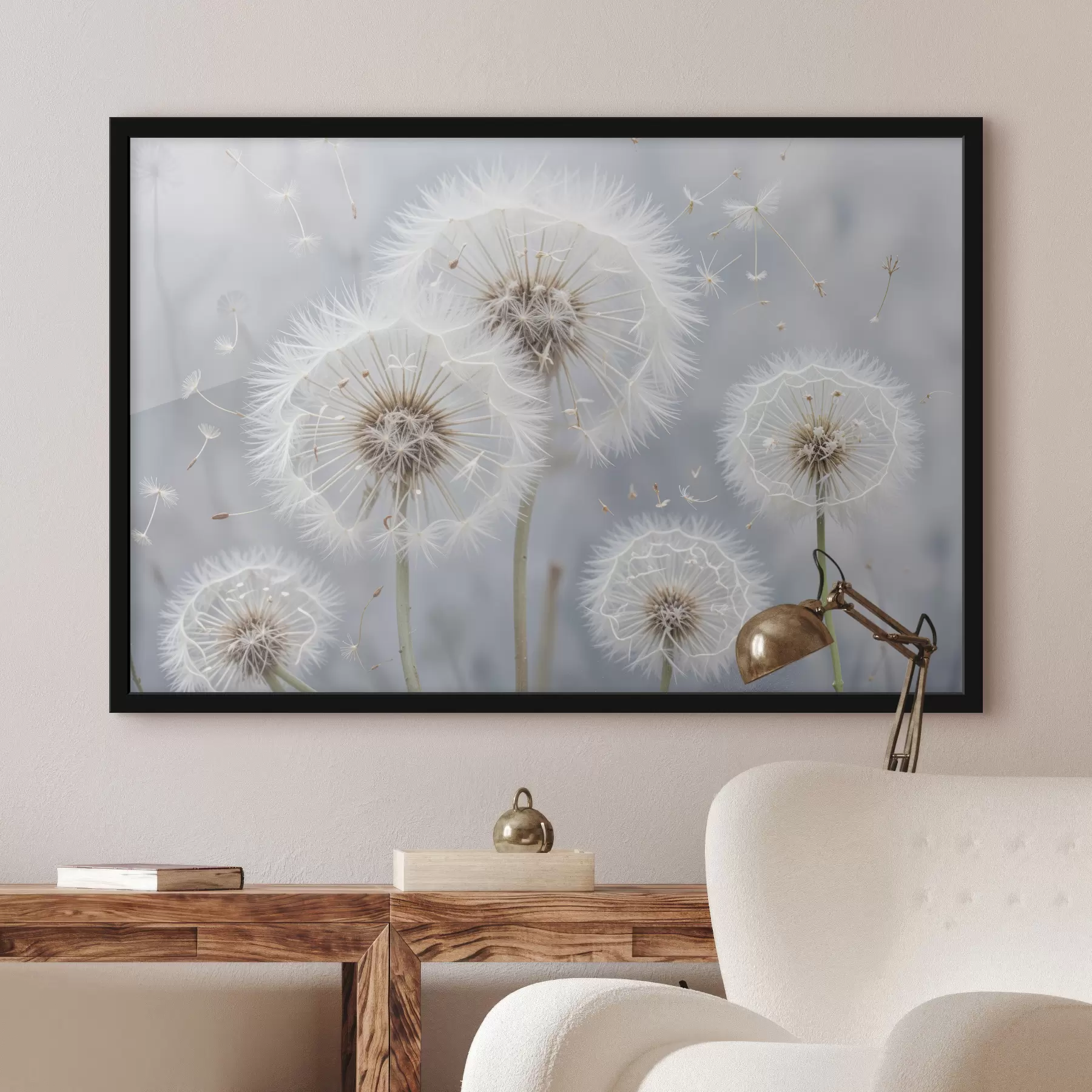 Papier peint Fleurs de pissenlit blanches avec des graines duveteuses sur un fond gris flou f40556