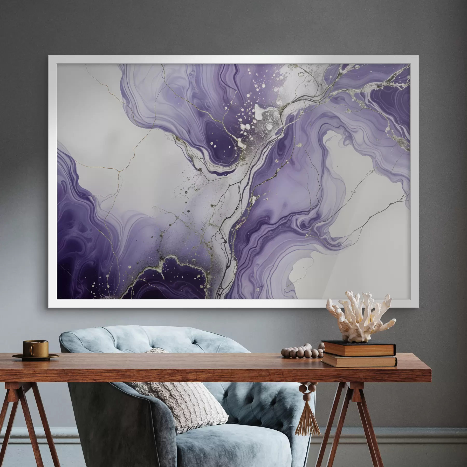 Papier peint Impression d'une composition artistique fluide abstraite avec des encres violettes, blanches et grises tourbillonnantes f40566