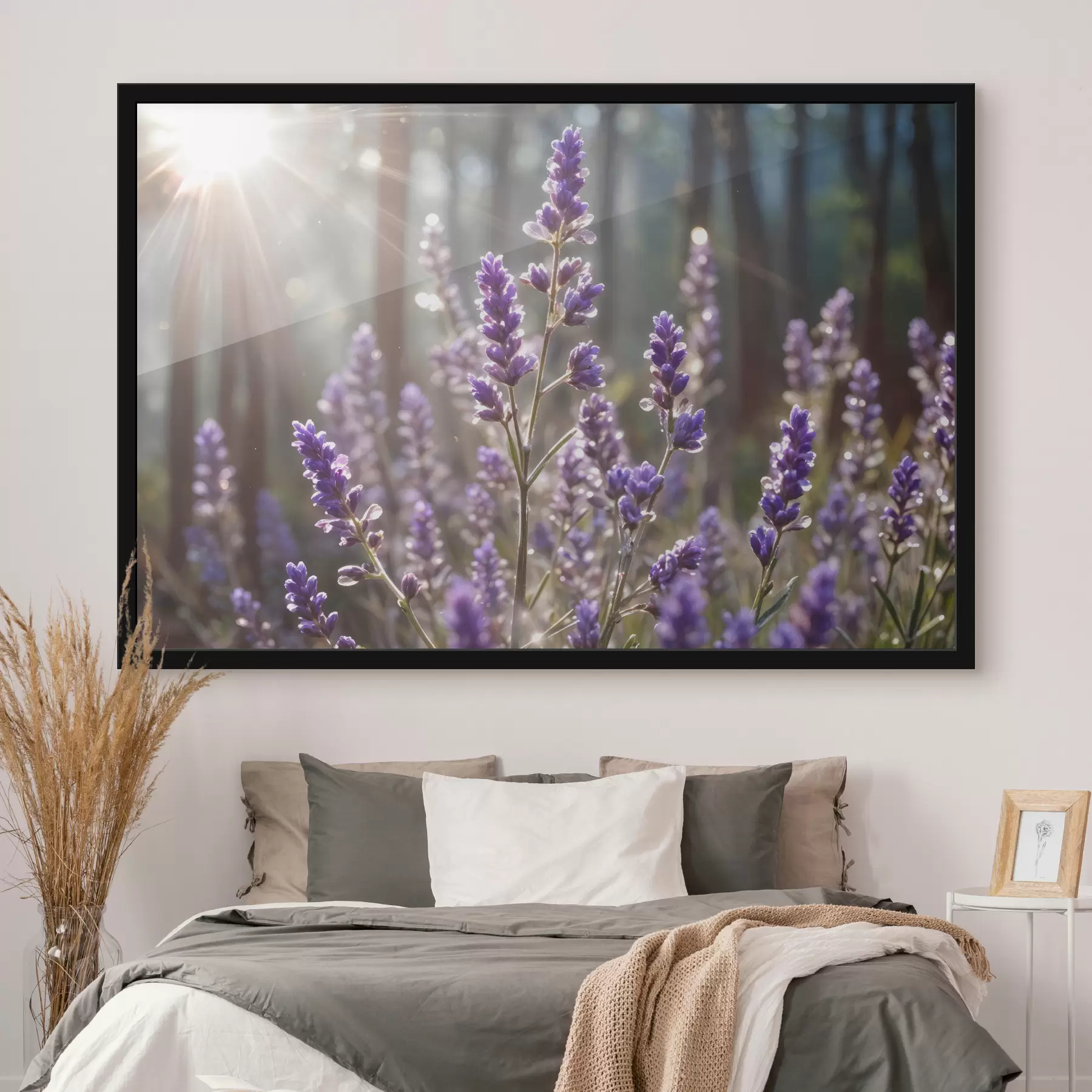 Papier peint Fleurs de lavande violettes dans un champ, avec un arrière-plan de forêt flou et la lumière du soleil filtrant à travers f40570