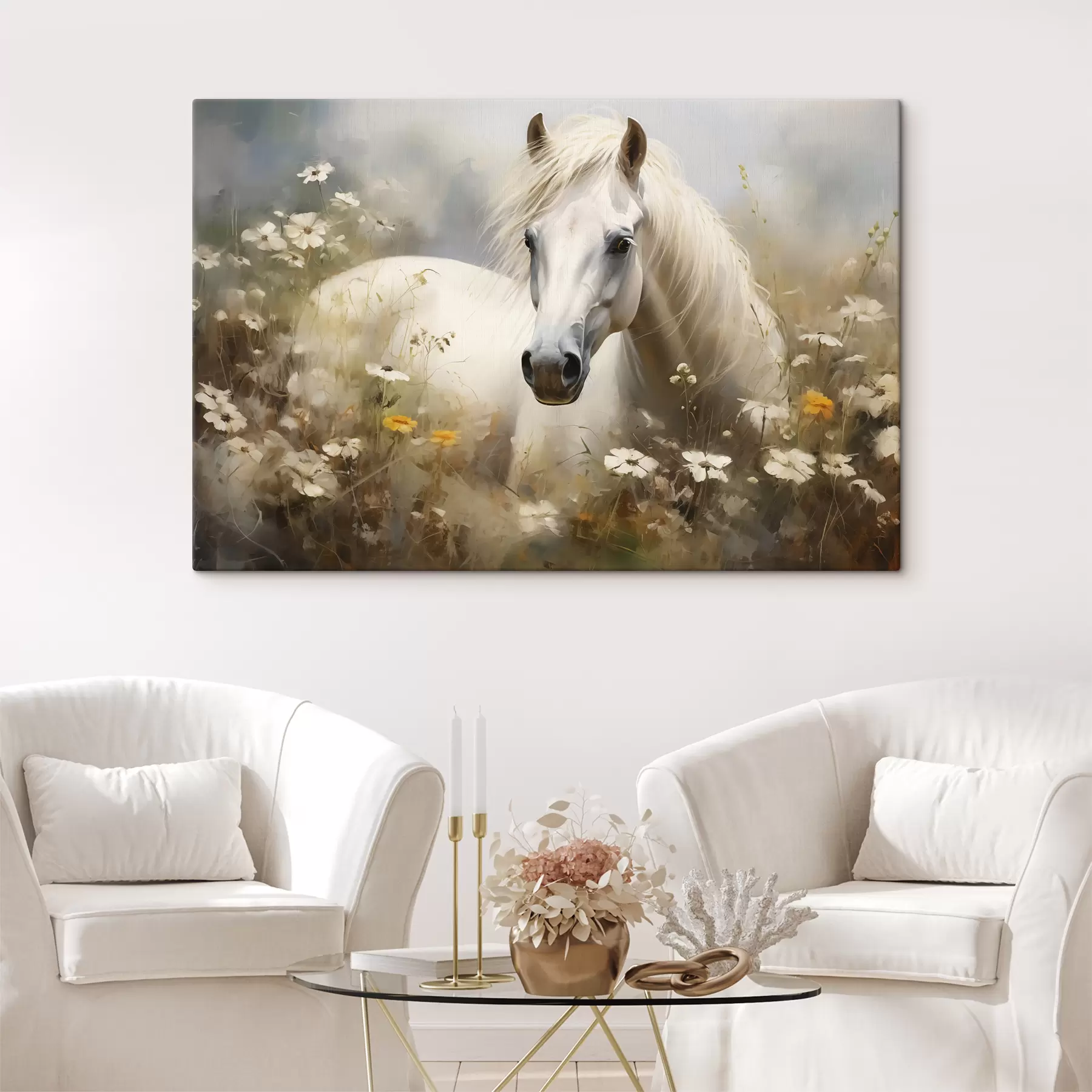 Tableau Cheval blanc dans l'herbe parmi les marguerites s40533