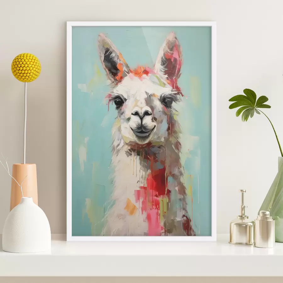 Papier peint Lama blanc avec des taches de peinture sur fond bleu gris pastel f40523
