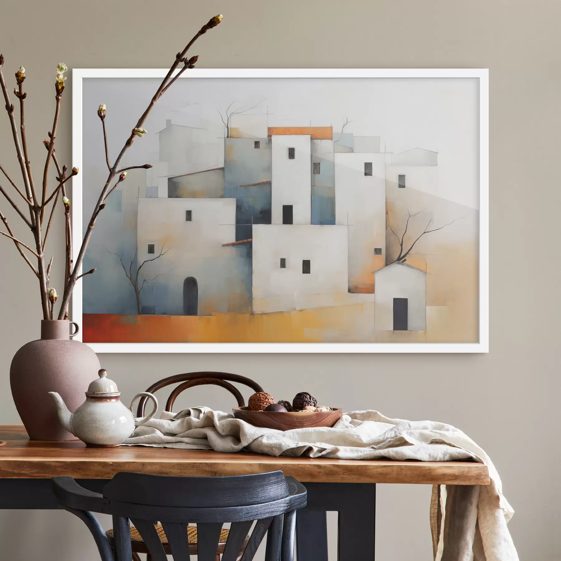 Papier peint Maisons stylisées blanches abstraites, couleur rouge, orange, jaune, bleu f40531