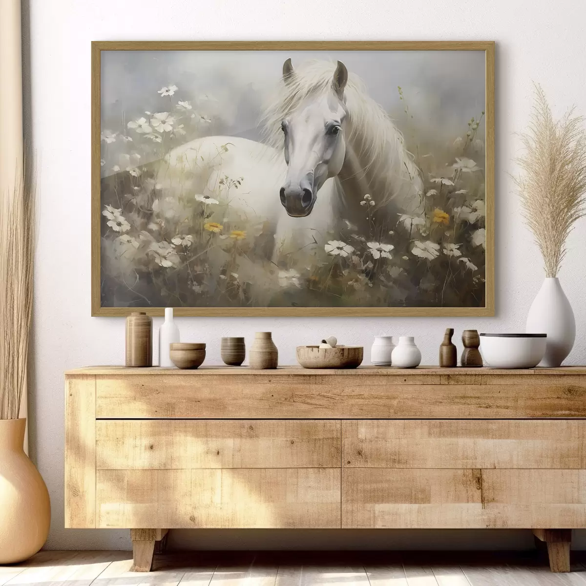 Poster Cheval blanc dans l'herbe parmi les marguerites f40533