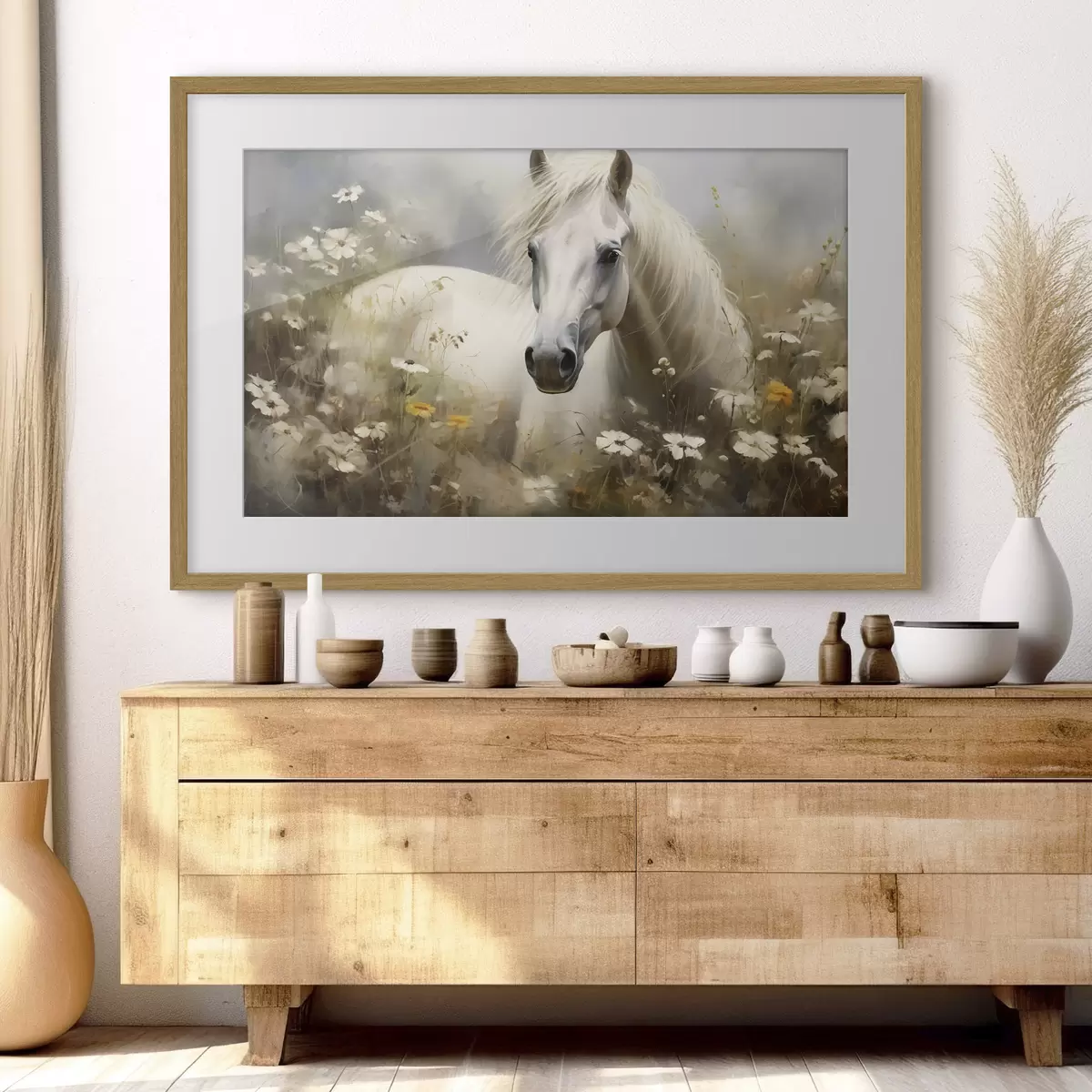 Poster Cheval blanc dans l'herbe parmi les marguerites f40533