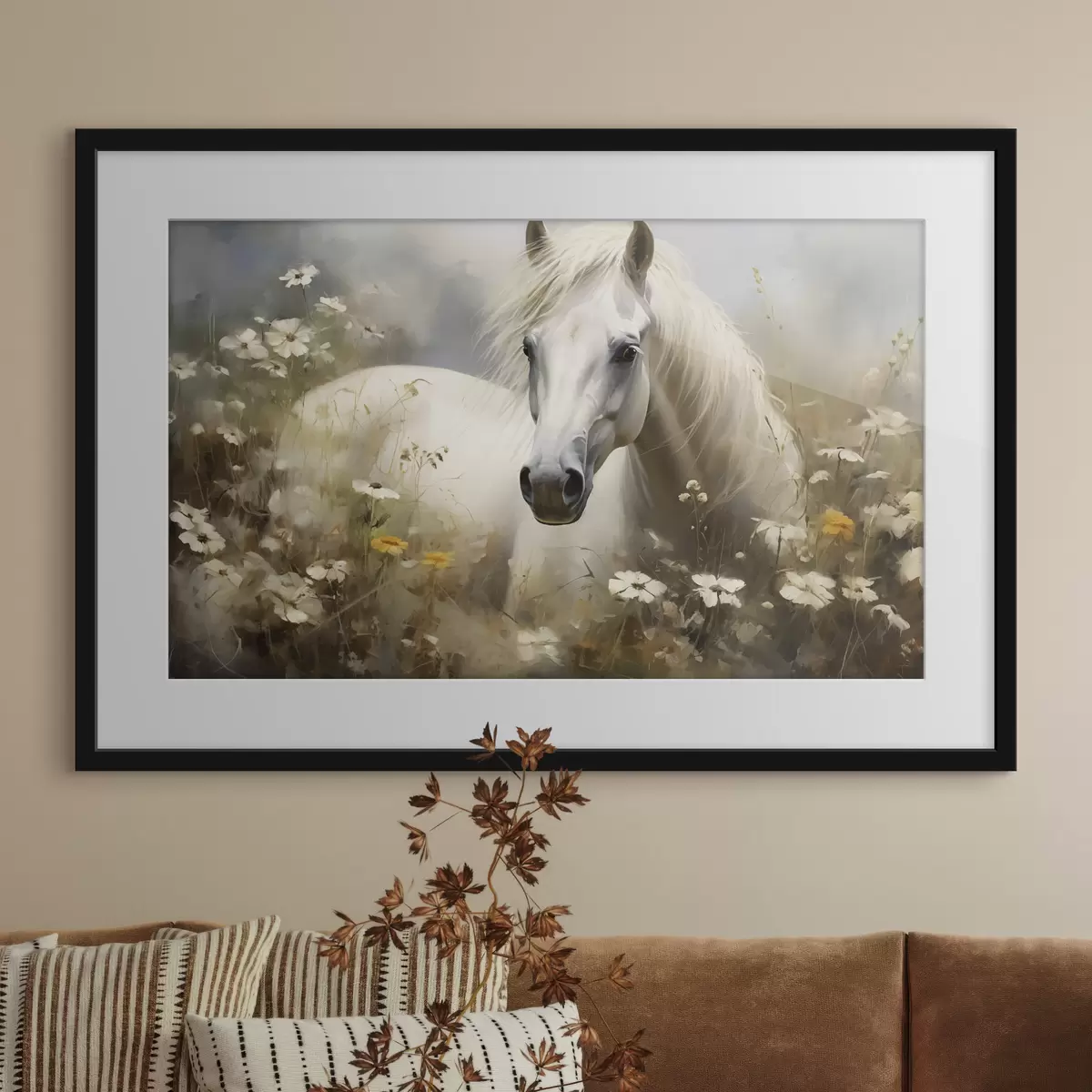 Poster Cheval blanc dans l'herbe parmi les marguerites f40533